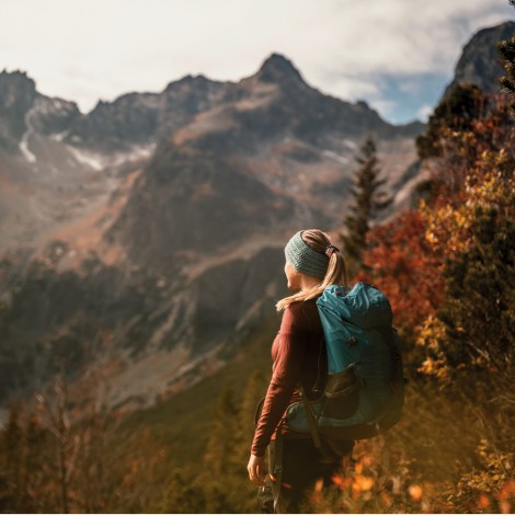 The picture shows a woman from behind enjoying the view of the unique mountain scenery.