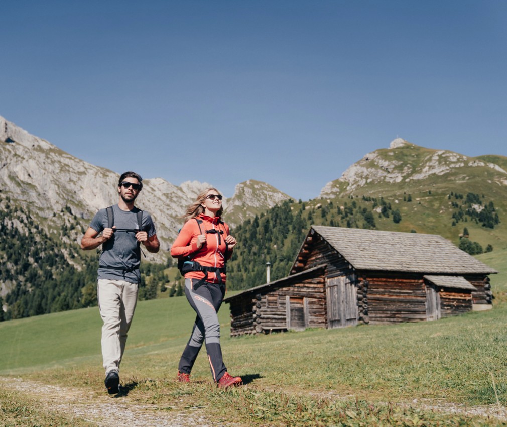 The picture shows a couple walking through a green alpine meadow and past a rustic wooden cottage.